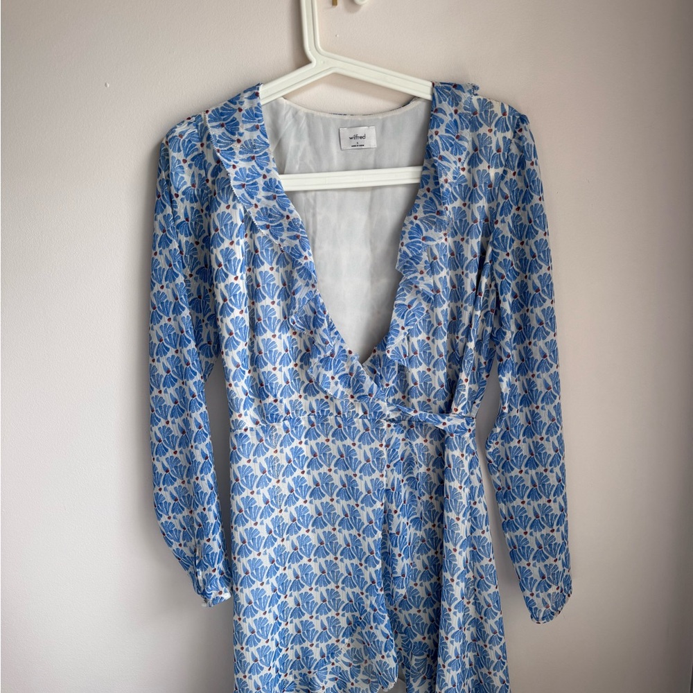 Wilfred Blue and White Wrap Dress with Bishop Sleeves